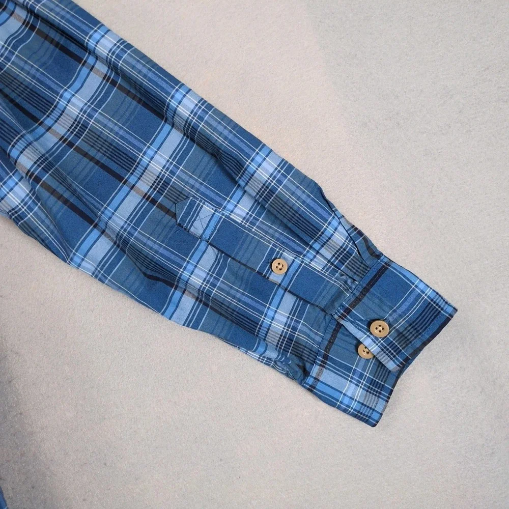 G.H. Bass Blue Plaid Outdoor Button Shirt Mens L Roll Tab Sleeves Hiking Camping